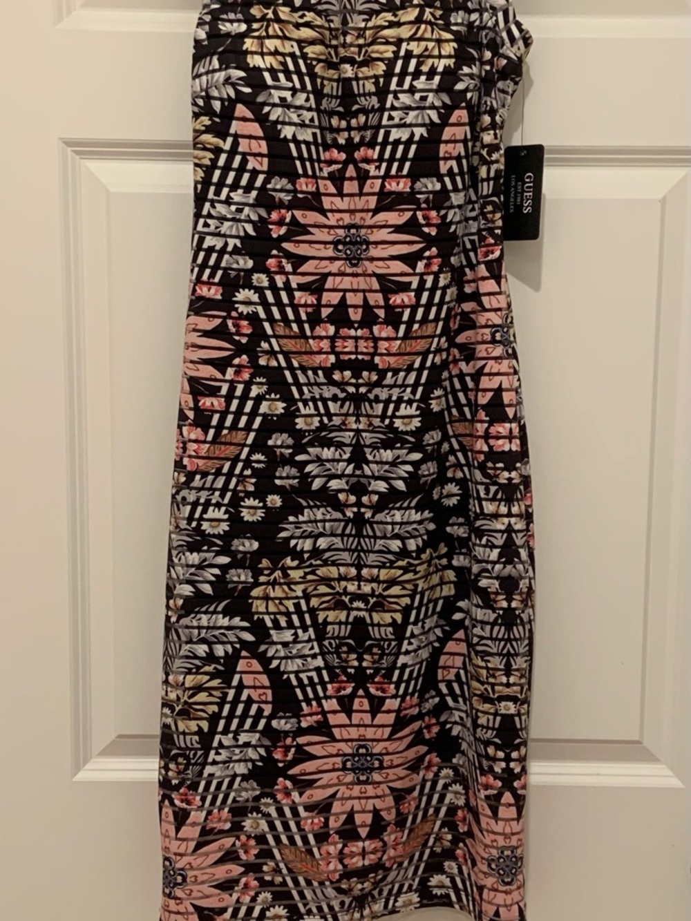 Guess Black Floral Strapless Bodycon Dress with Pink & Cream Accents